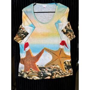 Sun Bay Missy Beachy Christmas Shirt Pullover Top Starfish Seashells L